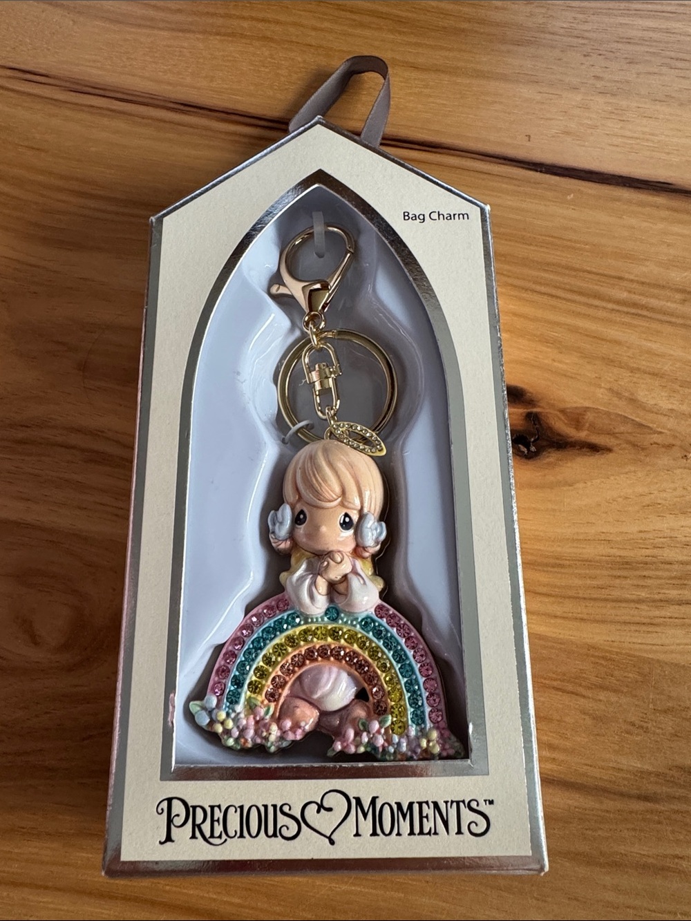 Precious Moments Pastel Rainbow Girl Bag Charm with Gold Hardware